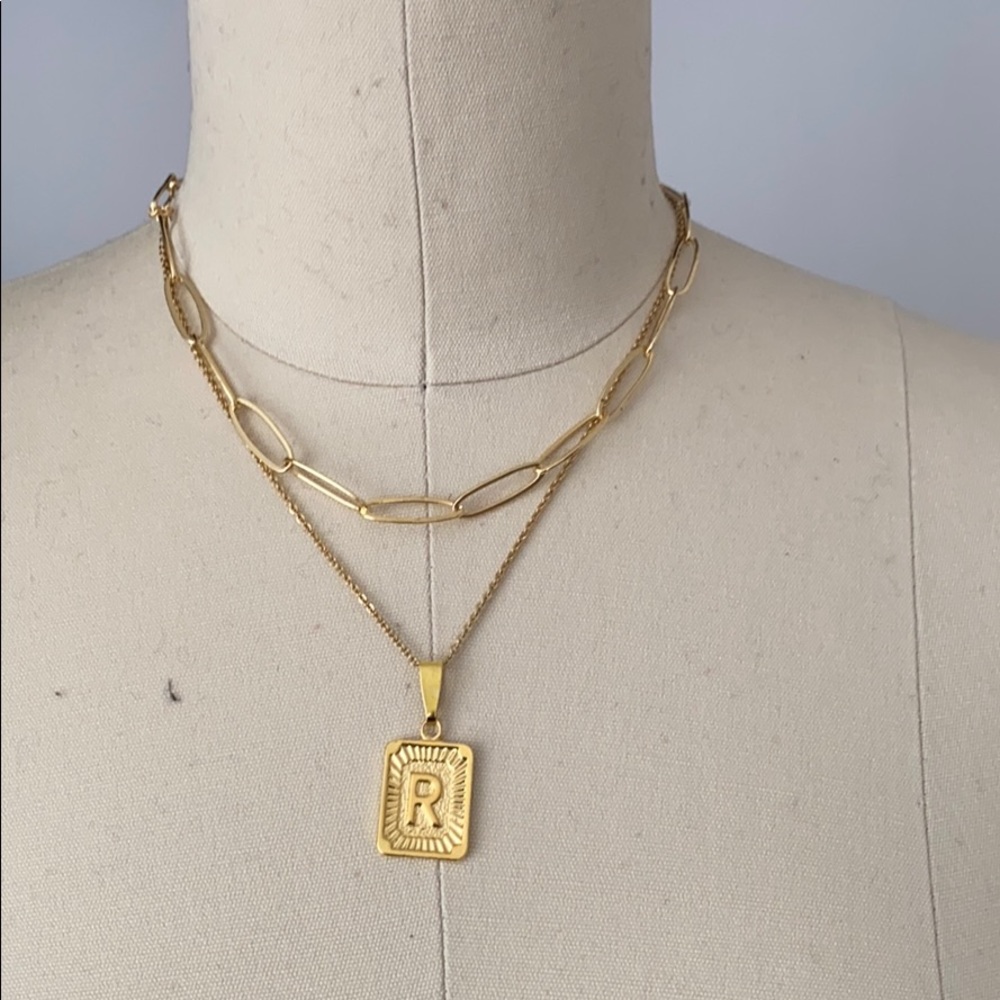 Initial gold necklace and paper clip chain